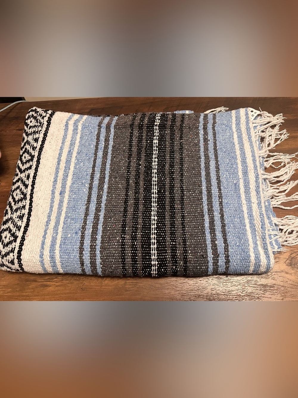 NWOT 72x48 Lt Blue Gray Black White Serape Fringed Blanket Boho Woven Throw G1